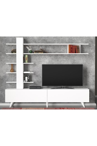 Dekorister Aleyna Duvar Raflı Kitaplıklı Tv Ünitesi Beyaz