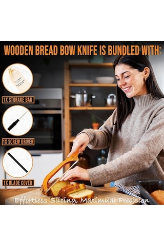 Maoyaya Ev Yapımı Ekmek İçin 5starmoon Ahşap Ekmek Bıçağı - Tırtıklı Paslanmaz Çelik Yay Dilimleyici, Simit Kesici Ahşap