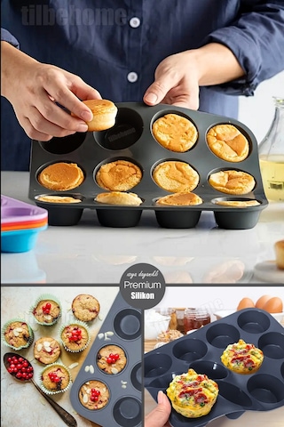 Tilbe Home 12'li Silikon Muffin Kalıbı Kurabiye Tatlı Kalıbı Yapışmaz Gıdaya Uygun Pişirme Cupcake K Siyah