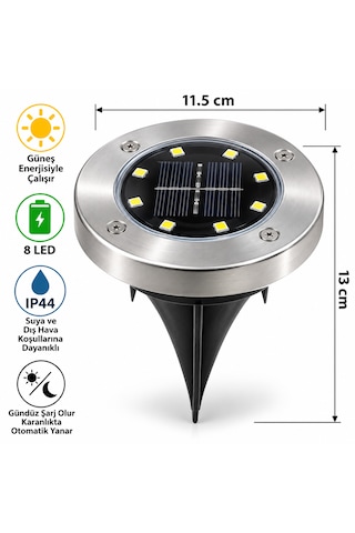 Güneş Enerjili Led Çim Spotu 8 Led Beyaz Işık Ip44 Bahçe Ve Yürüyüş Yolu Aydınlatması Krom
