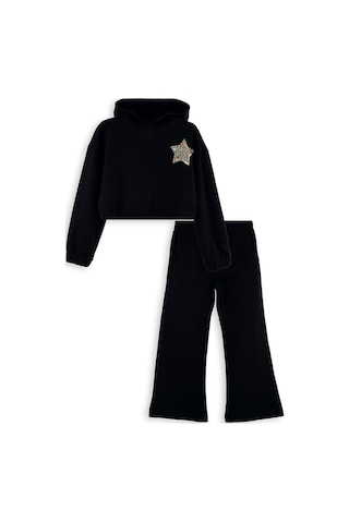 Denokids Stars Kız Çocuk Crop Siyah Eşofman Takım Çok Renkli