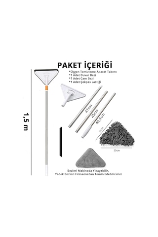 Turuncukoli Teleskopik Üçgen Camsil Duvar Yüzey Cam Silme Aparatı Mop Mikrofiber Sprey