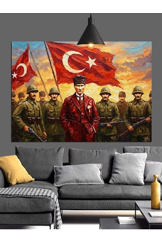 Bayrak Tutan Askerler Ve Atatürk Dekoratif Kanvas - Mdf Ahşap Tablo