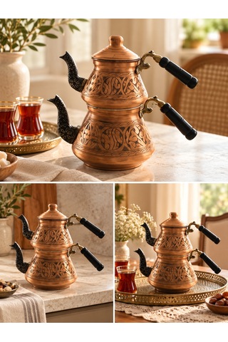 Aura Copper Bakır Çaydanlık Takımı 26 Cm Geleneksel Desenli Ac-cy-21
