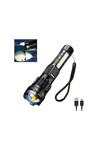 Valkyrie Şarjlı 7 Modlu Ultra Güçlü Led El Feneri Çakarlı Çok Fonksiyonlu Zoom 1500mah Siyah