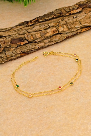 Silvera Telkari Renkli Zirkon Taşlı İki Zincirli Gümüş Bileklik Altın Kaplama Kadın 925 Ayar St373 Gümüş