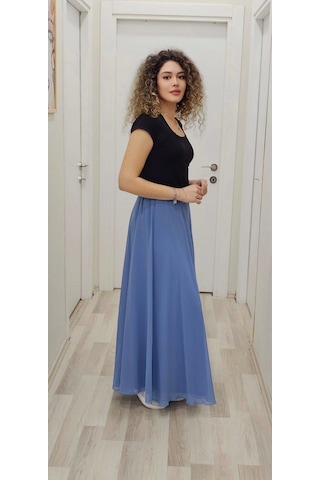 Bel Lastikli Kloş Şifon Etek 6003-indigo İndigo