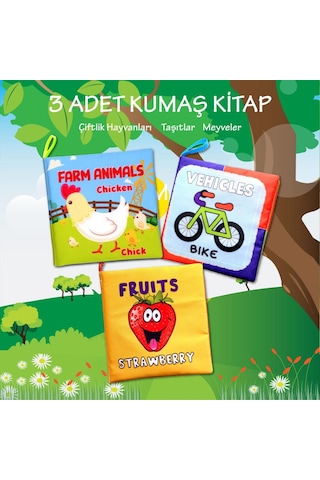 3 Kitap Tox İngilizce Çiftlik Hayvanları, Taşıtlar Ve Meyveler Kumaş Sessiz Kitap E119 E132 E126 - Bez Kitap , Eğitici Oyuncak , Yumuşak Ve Hışırtılı