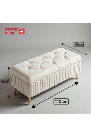 Smarto Relax Swiss Style Puf , Appenzell Kapitonesandıklı Puf, Babyface Kaplama, 110x40x45 Cm, Ahşap Ayaklı ,sandıklı Dekoratif Puf Bej Ekru