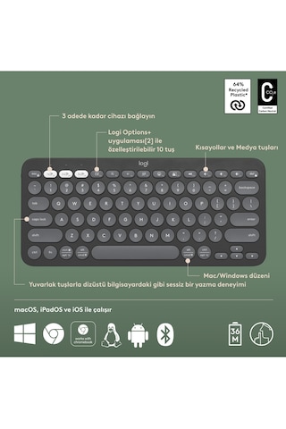 K380s Pebble Keys 2 Çoklu Cihaz Özellikli Bluetooth İngilizce Q