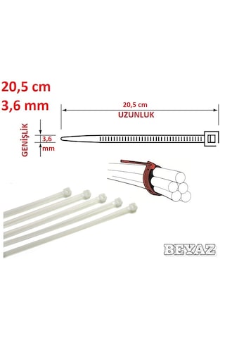 100 Adet 20cmx3,6mm Beyaz Plastik Cırt Kelepçe Kablo Bağı