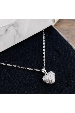 Kalp Kolye Full Zirkon Taşlı Kalp Kadın Kolye 45cm Silver
