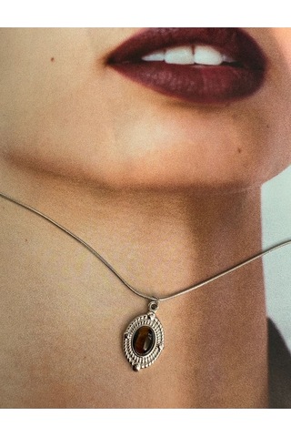 Oval Taşlı Kararmaz Çelik Kadın Gümüş Renk Kolye Modern Ve Şık Altın