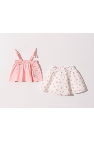 Kıpırık Baby Kız Bebek Çocuk Askılı Pembe Tişört Çiçekli Etekli Takım-1151 Pembe