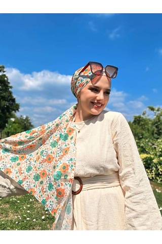Moda Kaşmir Flora Desen Bambu Eşarp Turuncu-yeşil
