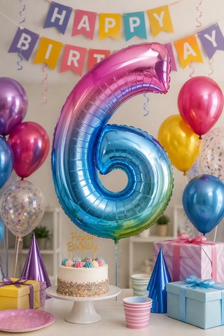 Folyo Rakam Balon 6 Rengarenk 40 İnç 100 Cm Doğum Günü Yaş Parti Kutlama Süsleme Dekor Balonu Çok Renkli