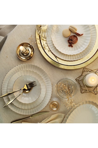 Kütahya Porselen Bone Luz Form 52 Parça Yemek Takımı Altın File