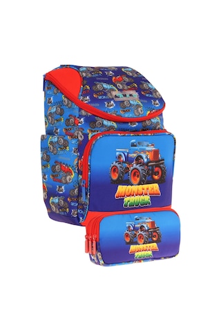 Kaukko Kırmızı Mavi, Monster Truck, Erkek Çocuk Okul Çantası Ve Kalem Çantası Seti - L5257+l8257 MAvi