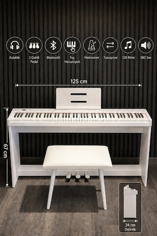 Beyaz Digital Piyano Hassasiyetli 88 Dolgu Tuş 3 Pedal Tabure Kulaklık Dahil