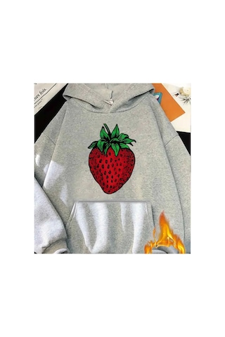 Herkesemoda Çilek Baskı Detaylı Kapüşonlu Sweatshırt Gri