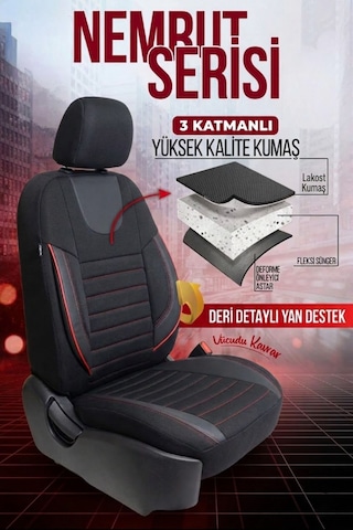 Nemrut Serisi Lakost Kumaş Universal Oto Koltuk Kılıfı Tam Set Siyah-Kırmızı
