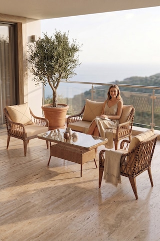 Tulipa Serisi Balkon Oturma Koltuk Takımı, 1 Adet İkili 2 Adet Tekli Koltuk Ve 1 Adet Orta Sehpa Cappuccino