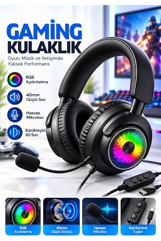 Oyuncu Kulaklığı Mikrofonlu Rgb Led Işıklı 3.5mm Type-c Pc Ps Xbox Uyumlu