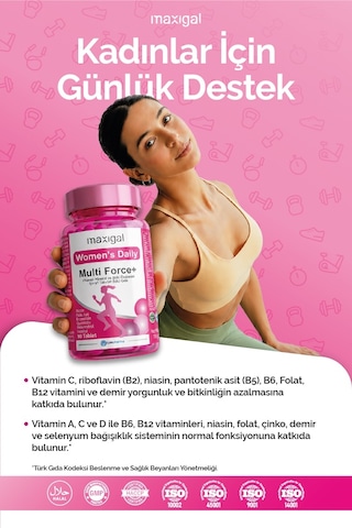 Maxigal Women's Daily Multi Force + Vitamin, Mineral Ve Bitki Ekstreleri İçeren Takviye Edici Gıda 90 Tablet