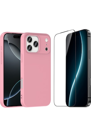 Apple Uyumlu iPhone 17 Pro Max Içi Kadife Lansman Kılıf Ve 5d Tam Kaplayan Cam Ekran Koruyucu Açık Pembe