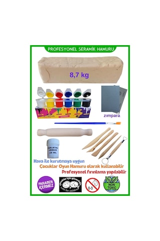 Beyaz Seramik Hamuru 8,7 Kg, 5li Ahşap Ebeşuar Modelaj Seti , Merdane, Doğal Kil Çamuru