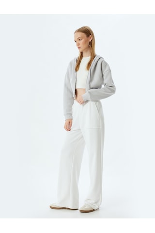 Koton Crop Sweatshirt Kapüşonlu Fermuarlı Korse Detaylı Cepli Şardonlu Ekru 5wal10050ık Ekru