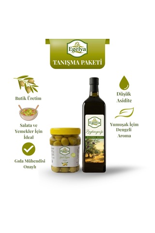 Egelya Natürel Sızma Zeytinyağı 1 L + Kırma Yeşil Zeytin Paketi Düşük Asidite, Yumuşak İçim, Doğal Fermente