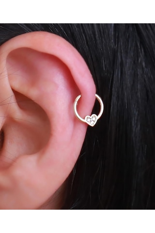14 Ayar Altın Taşlı Kalp Halka Tragus Piercing Sarı Altın