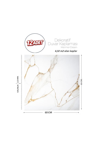 60x60 Cm Kendinden Yapışkanlı Duvar,banyo,tezgah Arası Beyaz-gold Mermer-12 Adet 9011-60-12