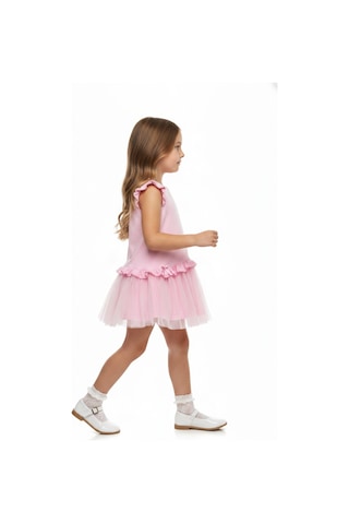 Toontoy Kids Toontoy Kız Çocuk Regular Fit Bisiklet Yaka Fırfır Kol Fiyonk Detaylı Tüllü Elbise 25047 Pembe