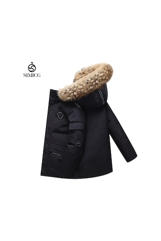 Erkekler İçin Açık Hava Kürk Yakalı Kalın Kışlık Ceket Siyah