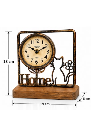 Kedi Desenli Home Temalı Ferforje Saat Dekoratif Masa Saati Eskitme Bakır Metal Ahşap Taban Vintage Nostaljik Kedi Figürlü Ev Ofis Salon Sehpa Konsol Kitaplık Dekorasyonu