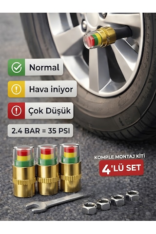 Beylini 4'lü Lastik Basınç Ölçerli Sibop Bisiklet Araba Motosiklet Tekerlek Hava Ölçer 2.4 Bar 35 Psı Set