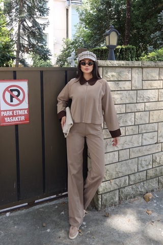 Kechi Woman Gabardin Kumaş Fermuarlı Yaka Garnili Ceket Bej