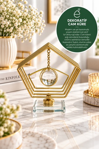 Evonıta Dekoratif Cam Küreli Beşgen Biblo Altın Renk Geometrik Tasarım Kristal Tabanlı Masa Üstü Konsol Salon Dekoru