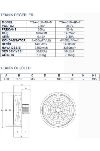 Ayas 35 Cm Sanayi Tipi Aspiratör 220 Volt Monofaze