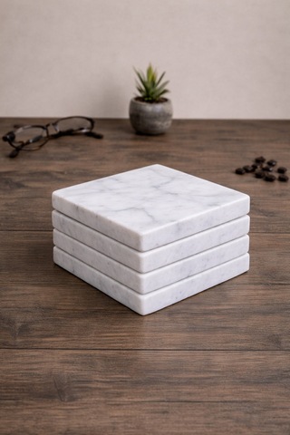 4 Lü Set El Yapımı Mermer Bardak Altlığı 10x10 Cm Doğal Mermer Diğer