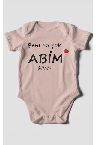 Beni En Çok Abim Sever Baskılı Bebek Zıbını Çıtçıtlı Body %100 Pamuk Kısa Kol Pastel Pembe