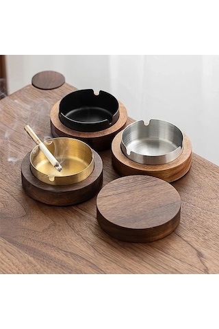 Ulzyvf Yaratıcı Tablası Sigara Rüzgar Paslanmaz Ofis Masaüstü Küllük Kül Kapaklı Ev Dekorasyon Ceviz Ahşap Altın Renk