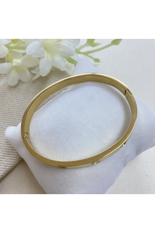 Kyver Taşlı 316 L Paslanmaz Çelik Kelepçe Bileklik Gold