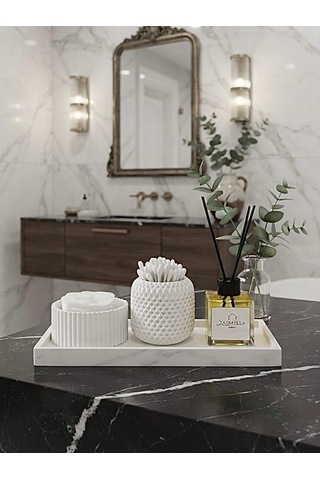 Minimal Beyaz Banyo Seti + Pamukluk + Kulak Çubuğu Kabı + Soft Romantica Difüzör + Dekoratif Tepsi