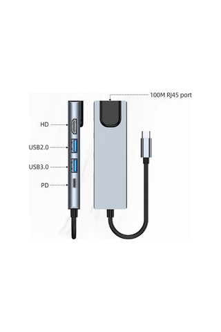 Samdoo 5-in-1 Usb-c Hub Alüminyum Kasa: 100m Rj45 + Hdmı 4k 30hz + Usb3.0 5gbps + Usb2.0 + 87w Pd Şarj Portu