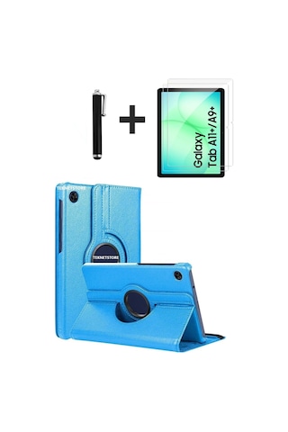 Samsung Galaxy Uyumlu Tab A11 Plus 2025 Kılıf Ekran Koruyucu Kalem Seti 360 Dönebilen Kapak Ön Arka Koruma Turkuaz
