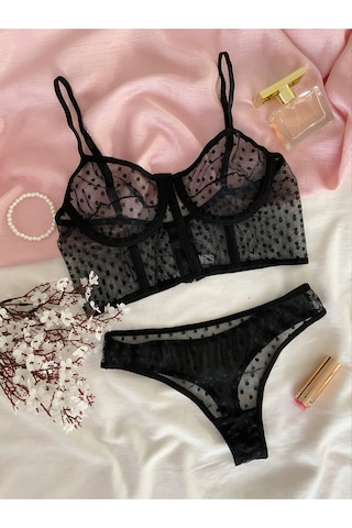 Mh Moony Homewears Premium Siyah Yarım Korse Bralet Takımı Siyah