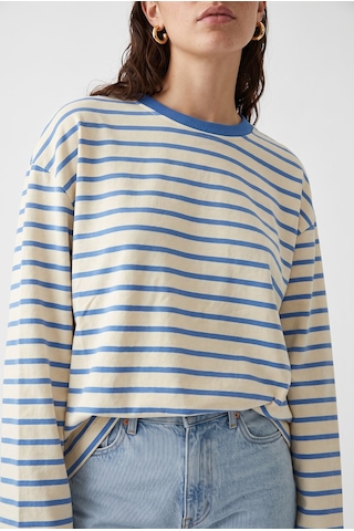 Mixray 2236 Çizgili Bisiklet Yaka Uzun Kol Oversize Sweatshirt Mavi
